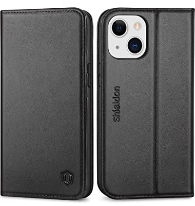 SHIELDON Echtleder Hülle für iPhone 13 Mini 5,4, Schwarz | Schützt vor Stößen, Kartenfach, Standfunktion, TPU Schutzhülle, Erstklassige Lederhülle, Magnet Handyhülle