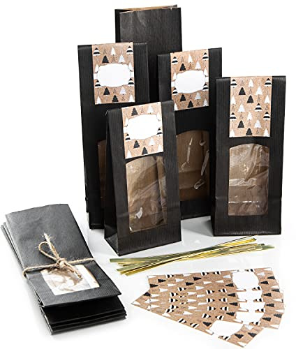 Logbuch-Verlag 10 schwarze Standbodenbeutel für 250-500 g Inhalt - weihnachtliche Papiertüte mit Sichtfenster 26,5 x 8,5 x 5 cm