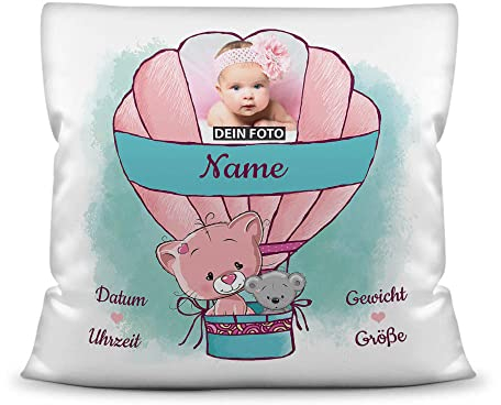 Kissen mit Füllung - mit Geburtsdaten personalisieren - Babygeschenk für Mädchen, Geschenk zur Geburt oder Taufe, Geburtskissen, Namenskissen fürs Baby I Kissen Polyester Weiß, 40x40 cm