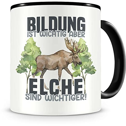 Samunshi® Elch Tasse mit Spruch Bildung Wichtig Elche Wichtiger Geschenk für Elch Fans Kaffeetasse Lustige Tassen zum Geburtstag schwarz Keramik 300ml