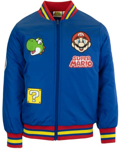 Nintendo Super Mario Bomber Jacket for Boys, Mario and Luigi Bomber Jacket (Mario Blue, Size 10/12)