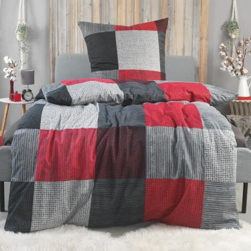 BaSaTex Biber Flanell Bettwäsche, 155x220 + 80x80 cm, Karo Rot | 100% Baumwolle, Biber Flanell Qualität, Weich, Wärmend, Reißverschluss, Öko_Tex Standard