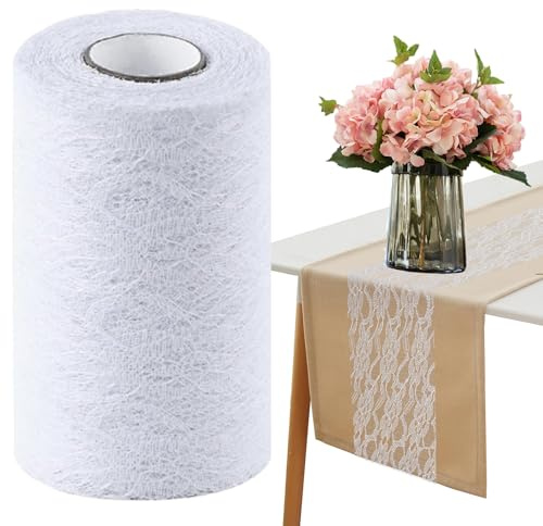 Tischläufer Spitze Weiß 15cm x 22m – Tischband aus Spitze, abwaschbares