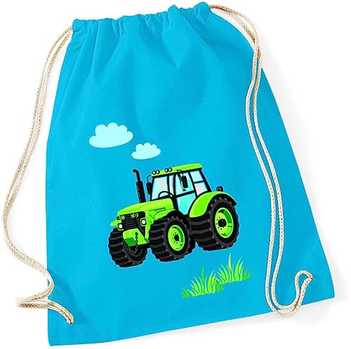 minimutz Turnbeutel Kinder Jungen aus Baumwolle | Motiv Traktor Bulldog mit Wolken & Gras | Schuhbeutel Sportbeutel zum Zuziehen mit Kordel 37cm x 46cm