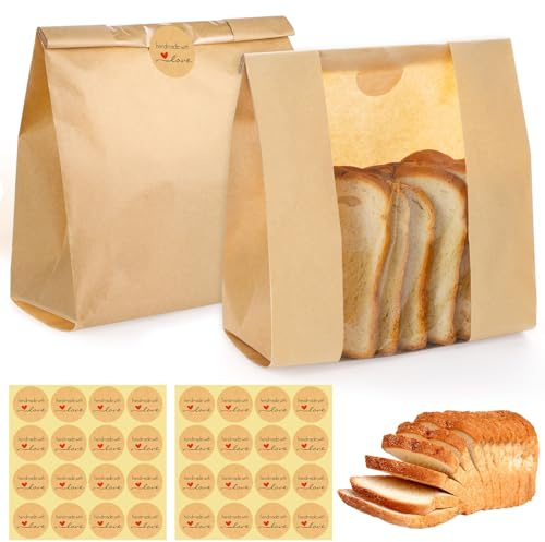 130 Pack Homemade Sourdough Bread Bags, 14 x 8.3 x 3.5 Large Paper Bread Bag with Window 160 Stickers for Bake Sale Bakery Storage Mothers Day Gifts