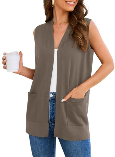Veryoung Damen-Weste, modisch, lässig, ärmellos, Strickjacke, Pullover, weicher Strick, elegante Damen-Pullover, Weste mit gemütlichen großen Taschen, A04-brown_camel-sleeveless, Large
