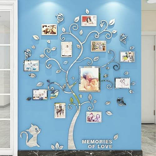 Purekay 3D Wandtattoo Baum DIY Wandaufkleber Family Foto Wand Wall Sticker mit Bilderrahmen Wandsticker Wanddeko Deko kinderzimmer Wohnzimmer Jungen Mädchen Schlafzimmer (Spiegel Silber, S)