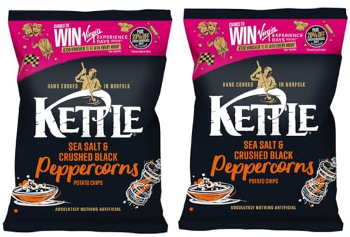 Kettle Chips Sea Salt & Crushed Black Peppercorn Crisps, 130g, Sharing Pack, (Pack Of 2), Hand Cooked in Norfolx, Absolutely Nothing Artificial, Gluten-Free, British Potatoes, Suitable for vegans