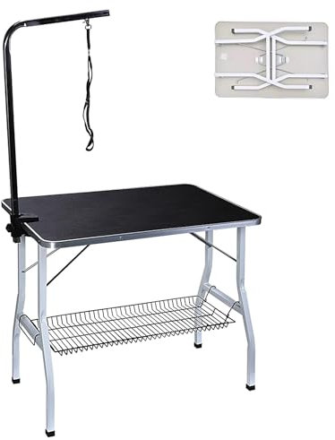 Trimmtisch für Hunde Klappbar Stehtisch Klappbar Hundefriseur Tisch Frisiertisch Hund mit Verstellbarem Arm, Seilabdeckung, Netzablage, Rutschfester Matte(Black,110 * 60 * 76cm)