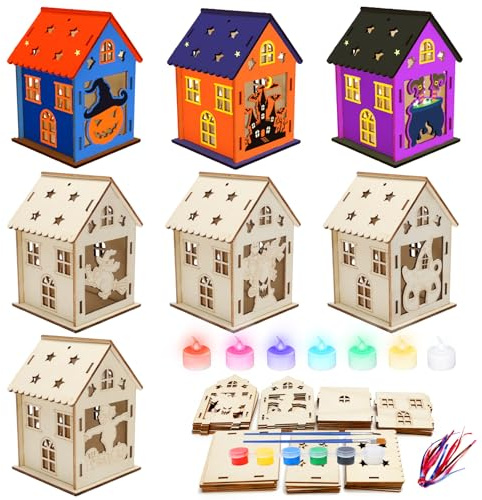 APODESS 7SET Halloween Kürbis Led Haus Bastelset Herbst Kinder Geisterhaus | Herbstdeko Kürbis Beleuchtung Kürbishaus Bastelset Kürbis Hexenhaus zum Bemalen Herbstdeko Tischdeko für innen tisch