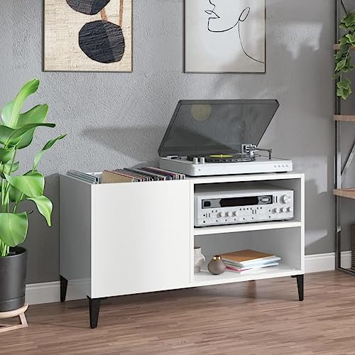 IKAYAA Mueble de Discos de Madera con Patas Metálicas 84.5 x 38 x 48 cm, Tocadiscos de Vinilo Stand, Estanteria CD, Mueble Tocadiscos, Mueble para Discos, Mueble para Vinilos, Blanco Brillante