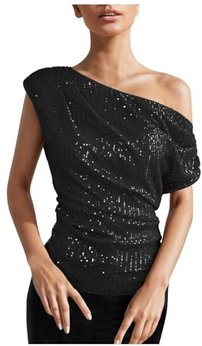 Generisch Damen Glitzer Oberteil Damen Pailletten Party Tops One Shoulder Top Silvester Outfit Schwarz L Sequined Fabric Asymmetrisch Glamour Formal Tank Top Flachkragen Angepasst Frauen Oberteil