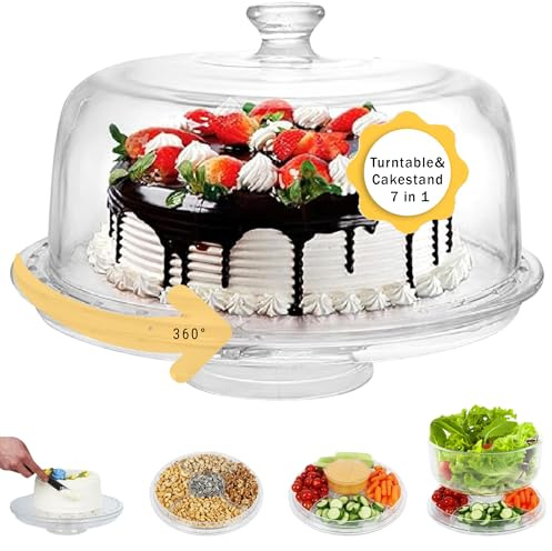 7 in 1 Rotating Multifunctional Acrylic Cake Stand with Lid & Cake Turntable for Decorating (12) - Turntable Decorating Kit Serving Salad Bowl/Veggie Platter/Punch Bowl/Desert Platter - BPA Free