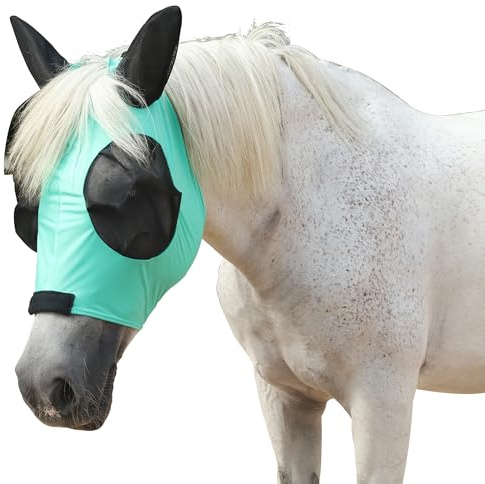 Leberna Stretchy Horse Fly Mask with Ears, Extra-Large Eyes & UV Protection–Soft, Breathable Fly Mask for Horses, Tangle-Free Design, Enhanced Visibility (Green, Cob)