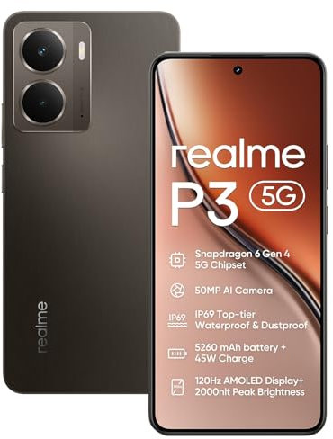 realme P3 5G Smartphone 12+512GB,Chipset Snapdragon 6 Gen 4,Batteria 5000mAh,Fotocamera AI 50MP,Display AMOLED Esports 120Hz,NFC,Dual Sim,IP69,Grigio