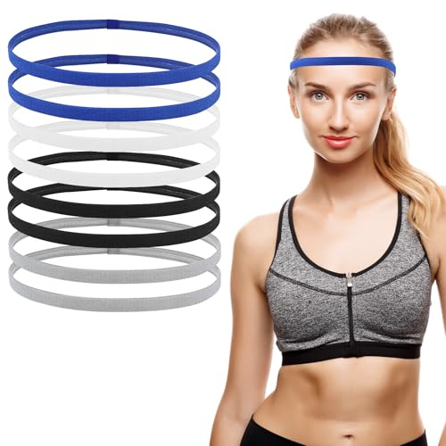 Sport-Stirnband für Kinder, 8 Stück, Fitness-Stirnbänder, schmal, elastisch, rutschfest, elastisches Haarband, Sport, für Jungen, Mädchen, Schwarz, Weiß, Blau, Grau
