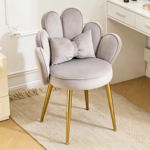 Bonnlo Schminktisch Stuhl mit Blütenblatt-Rückenlehne, Sessel Wohnzimmer, Schreibtischstuhl, Moderner Esszimmerstuhl mit verstellbaren Goldbeinen & Schleifenkissen für Schlafzimmer, Homeoffice (Grau)