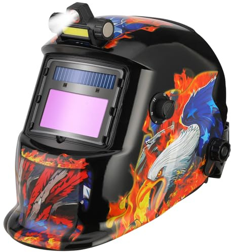 WALKEREN WR01A Welding Helmet Auto Darkening with LED Light True Color Solar Powered Welder Hood with Adjustable Shade Range 4/9-13 for Mig Tig Arc Welding Mask (Red Eagle)
