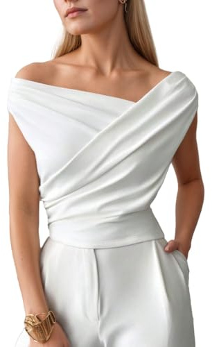 EMOTTOS Top Donna Y2K, Top Corto Pieghe Incrociate, Sexy Asimmetrico Spalle Scoperte, Senza Maniche, vestibilità Slim, Tessuto Elasticizzato Ragazze Feste estive e Festival, Nero, Taglie S