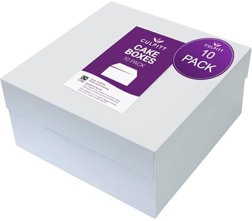Culpitt 8 Square Cake Boxes With Lid | 10 Pack | Rigid Transport And Protection For Birthday, Wedding, And Celebration Bakes, Recyclable Cardboard Bakery Boxes - Pack Of 10