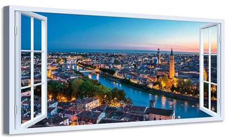Generico Quadro finestra vista su Verona al tramonto - Stampa su tela con telaio in legno - 80x40 cm