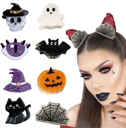 BelleFlair 8 Piezas Halloween Pinzas para Pelo de Niños y Mujeres, Lindas Mini Horquillas con Calabaza Fantasma Murciélago, Espeluznantes Accesorios para Cabeza en la Fiesta.