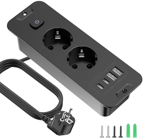Einbausteckdose mit USB, 2 Fach Tischsteckdose mit USB, 4 n 1 Tischplatte Versenkte Dreifachsteckdose mit 2M Verlängerungskabe mit Schalter, Einbau Steckdosenleiste für Büro, zu Hause Schwarz