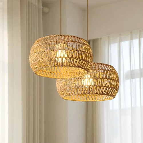 PANNN E27 Lustre En Rotin Moderne Bambou Rotin Suspension Ferme Tissé Osier Abat-jour Boho Luminaires Vintage Suspension Luminaire Cuisine Lustre Fait Main Pour Chambre Salon Couloir Cuisine(A)