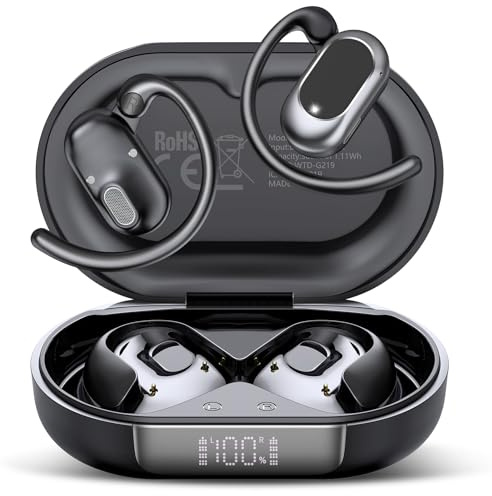STECEi Open Ear Ecouteurs Bluetooth sans Fil, Écouteurs Bluetooth 5.4 Ouverts avec Écran LED, 32H HiFi Stéréo, Oreillette Sport avec 4 Mic, IP7 Étanche Casque Sport pour Running/Gym, Noir