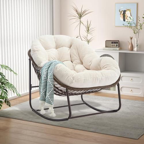 LIFEISLE Schaukelstuhl Schaukelsessel mit Rattan, Loungesessel drinnen & draußen, Ei-Schaukelstuhl für Wohnzimmer Balkon Garten Outdoor und Indoor Cord Weiß