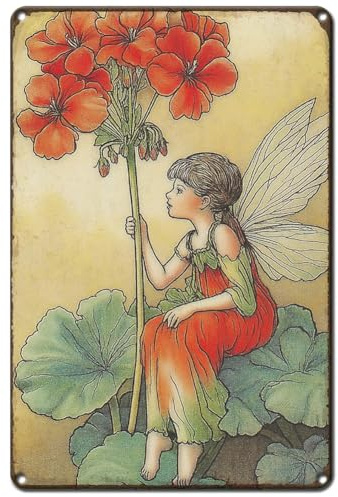 Hobbspring Flowers Fairy Tin Sign Decor 30cmx20cm Vintage Magic Red Geranium Metal Signs Garden Living Room Hotel Cafe Pubs Balcony Iron Wall Art Decoration 1pc