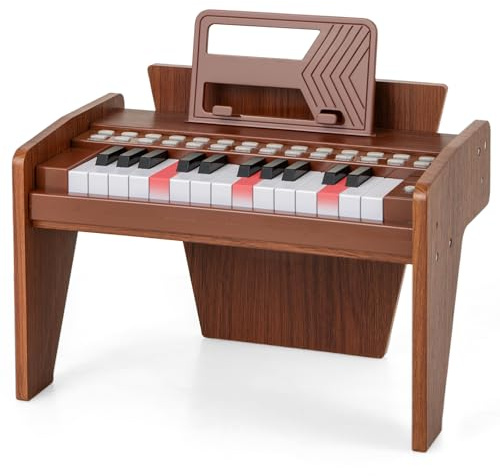 COSTWAY 25 Tasten Keyboard Kinder, Kinderklavier Holz mit Notenständer & Lehrmodus, Kinderpiano mit Einstellbarer Geschwindigkeit & Lautstärke, Mini E-Piano für Kinder ab 3 Jahren (Braun)