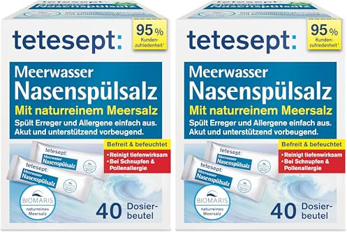 tetesept Meerwasser Nasenspülsalz bei Schnupfen und Pollenallergie – 40 Beutel - Nasenspülung auch für Kinder reinigt und befeuchtet – Geeignet zur Nasendusche (Packung mit 2)