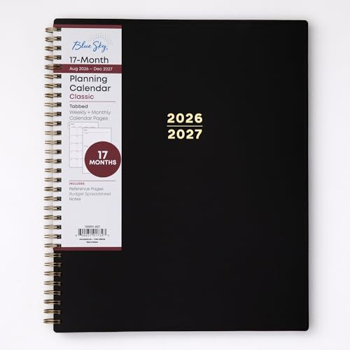 Blue Sky Agenda académica semanal y mensual 2026-2027, 8.5 x 11 pulgadas, color negro | 17 meses, agosto de 2026 a diciembre de 2027, cubierta flexible, encuadernado, pestañas laminadas, año académico