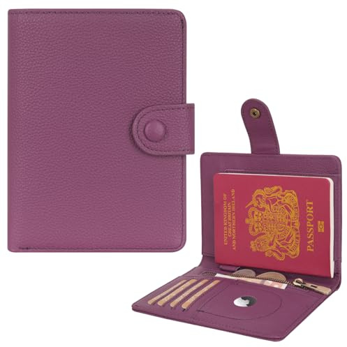 WASON Porta Passaporto in Vera Pelle con RFID, Portafoglio da Viaggio, Scomparti Carte, Tasca Contanti, Portamonete, Slot Tracker, Organizzatore Biglietti Aerei per Uomo e Donna(Viola)