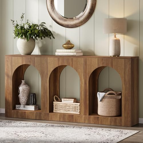 Tribesigns Table Console 160 cm, Table d'Entrée en Bois avec 3 étagères arquées, Tables d'Entrée avec Rangement pour Hall, Couloir, Salon, derrière Le canapé, étroite et Longue, Marron