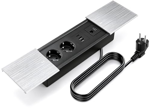 Aluminium Enchufe de Mesa Empotrable, Salida de Enchufe Retráctil con 2 Enchufes, 2 Puertos USB y Tipo C+HDMI+Cat 6, 250V/16A Regleta Empotrable para Escritorios, Mesas de Trabajo, Mesas de Comedor