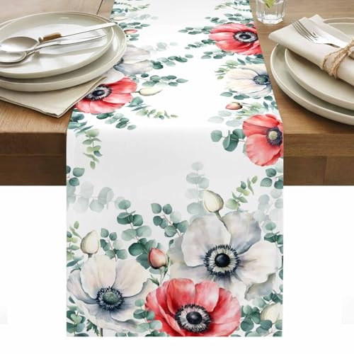 Eucalyptus Leaves Opium Poppy Table Runner Spring Flower Plants Premium Polyester Fabric for Dining Room Kitchen Table Decoration Fireplace Home Party Decor 13 x 36