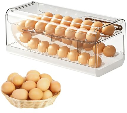 Yuhtech Egg Storage Container, 2 Tier Egg Holder Rack, 30 Egg Rolling Dispenser, Egg Storage Drawer Container, Double Layer Type Egg Storage Rack, Clear Plastic Egg Holder for Fridge and Kitchen