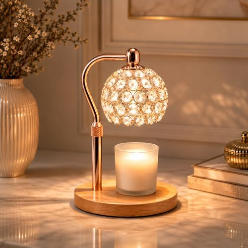 Suplexity Candle Warmer Lamp with Timer & Dimmer – Crystal Candle Lamp Warmer for Jar Candles, Flameless Fragrance Warmer, Rose Gold Metal & Wood Base, Safe Home Decor Gift