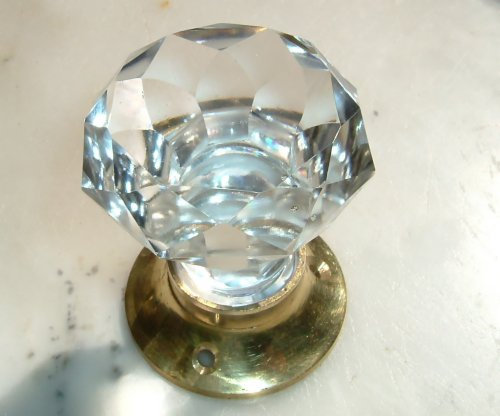 Peter Sharpe Crystal clear sparkling cut glass doorknobs brass base (pair)