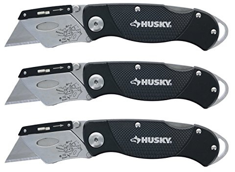 Husky Folding Sure-Grip Lock Back Utility Knives Multi Pack (3 Piece Set: 3 x Husky Knives w/ Blades) (Colors Vary)