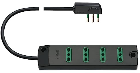 Vimar FP00404.C multipresa 4 Bprese 16 A cavo 1,5 m spina piatta IT 16A | Multipresa 4 prese SICURY 16 A con cavo H05VV-F da 1,5 m e spina piatta 2P+T 16 A. Potenza massima 3680 W