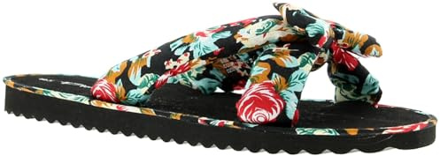Kiley Women's Slide Sandals Flip flops - Padded Cross Over Mule with Textile Bow - Lightweight Flat Summer Sliders for Beach, Pool & Indoor Wear - Black Floral & Leopard Animal Print Black Floral 6 UK