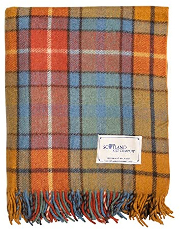 The Scotland Kilt Company Picnic Rug Scottish Tartan Throw in Buchanan Antique - Warm 100% Wool Travel Blanket with Fringed Edges - 60 x 70”