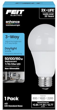 Feit Electric A21 LED Light Bulb, 3-Way Adjustable Wattage 50/100/150 Equivalent, E26 Base, Non Dimmable, 2200 Lumen, 5000K Daylight, General Purpose Bulbs, 25,000-Hour Lifetime, A50/150/950CA