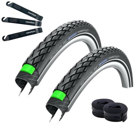 2 x Schwalbe Marathon Green Guard Fahrradreifen in Schwarz Reflex 47-559 (26 x 1,75) + 2 Schwalbe Schläuche AV13 inkl. maxxi4you Reifenheber