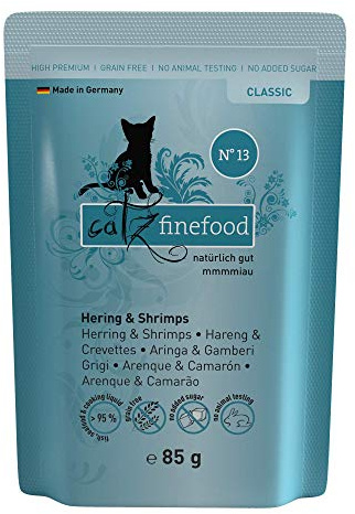 catz finefood Hering & Shrimps Classic Adult Katzenfutter nass Gluten- & getreidefrei, ohne Zuckerzusätze - Premium Nassfutter für Katzen, Made in Germany (16 x 85g Beutel)