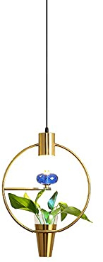 GUOGUOSM Northern Europe Single Head LED Chandelier Round Shape Wrought Iron Lamp Stand Macaron Industrial Pendant Lights Vintage Hanging Lamp Ceiling Pendant Lamp Fixture with Green Plant Flowerpot