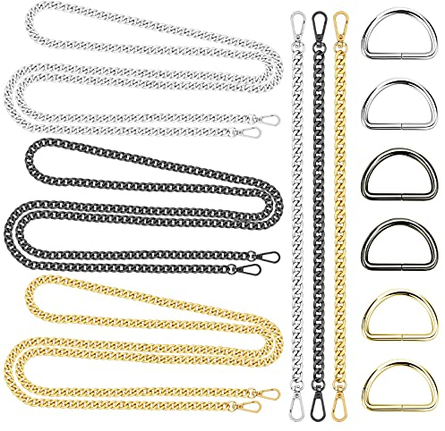 CINVEED 6 Stücke Taschenkette Kette Trageriemen Metall Schulterriemen Tasche Kettenriemen Gold Silber Schwarz Handtaschenkette mit 6 D-Ringe für Umhängetasche Crossbody Geldbörse (120cm, 40cm)